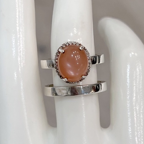 Peach Moonstone White Topaz 935 Argentium Silver Ring
